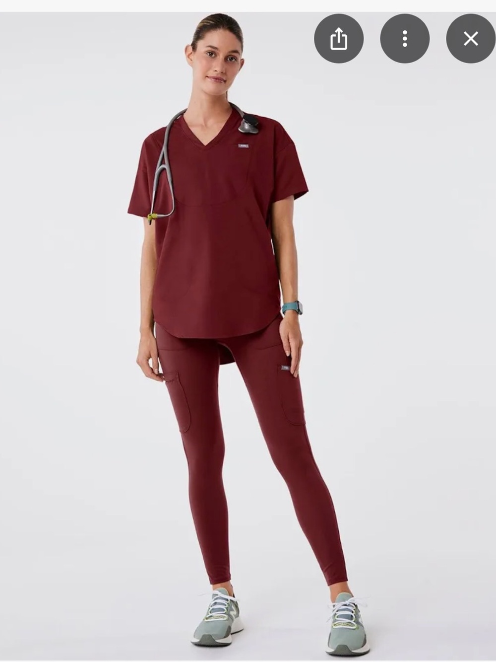 FIGS Women's Halle Oversized Tunic Scrub Top Medium Burgundy V-Neck Pocket